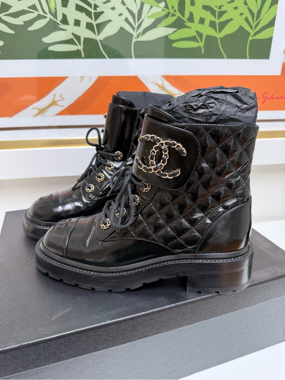 CHANEL Black Patent Leather Quilted Combat Boots